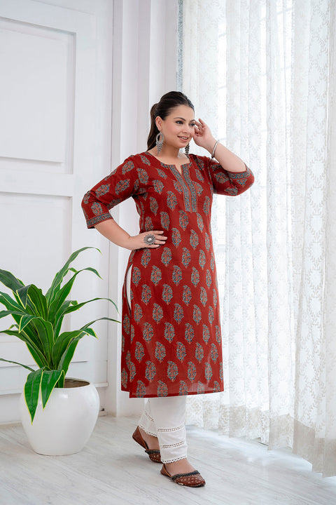 Plus Size Maroon Printed Straight kurta For Women