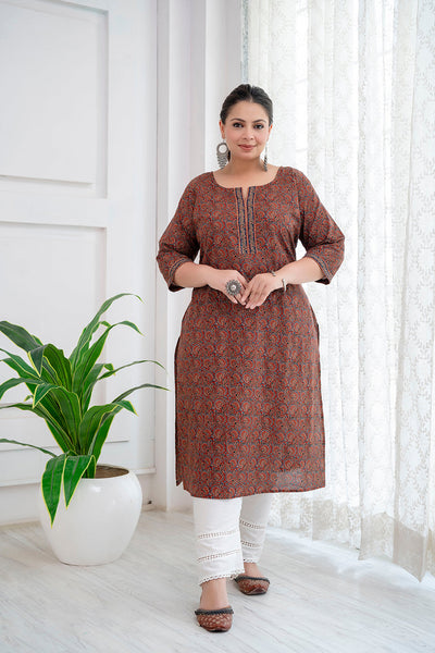 Plus Size Rust Printed Straight kurta For Women