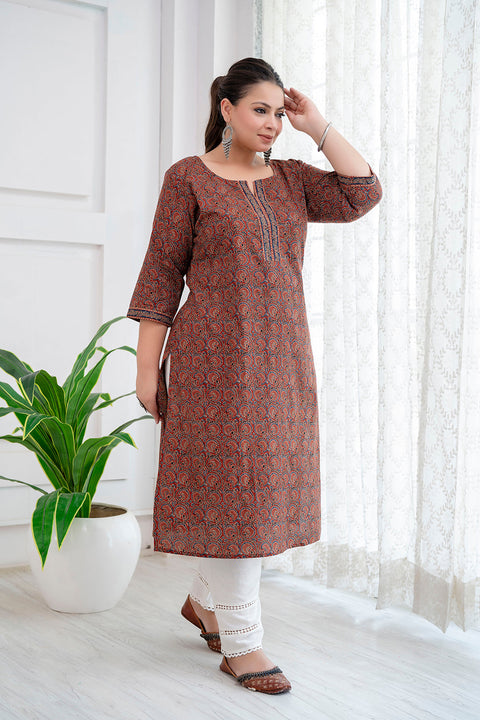 Plus Size Rust Printed Straight kurta For Women