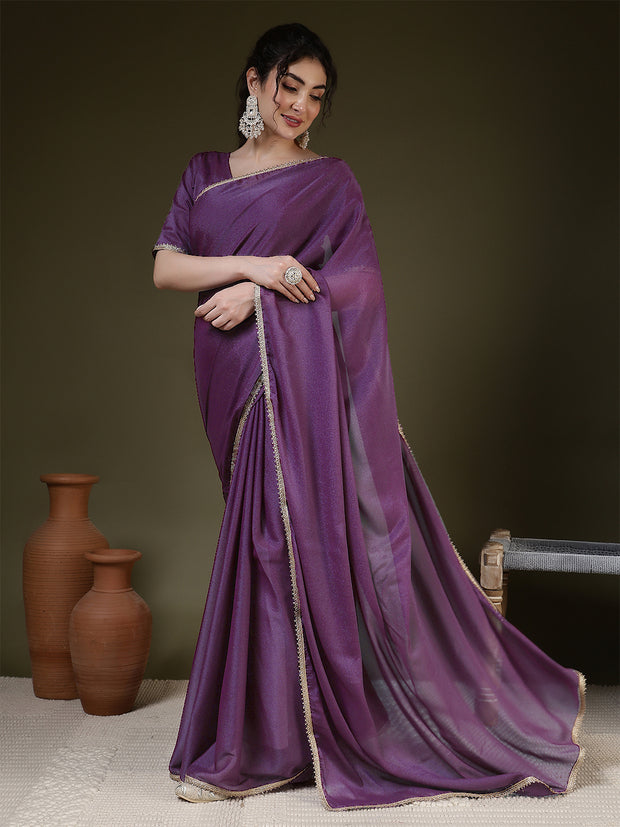 Burgundy Saree embellished with lace & Unstitched blouse