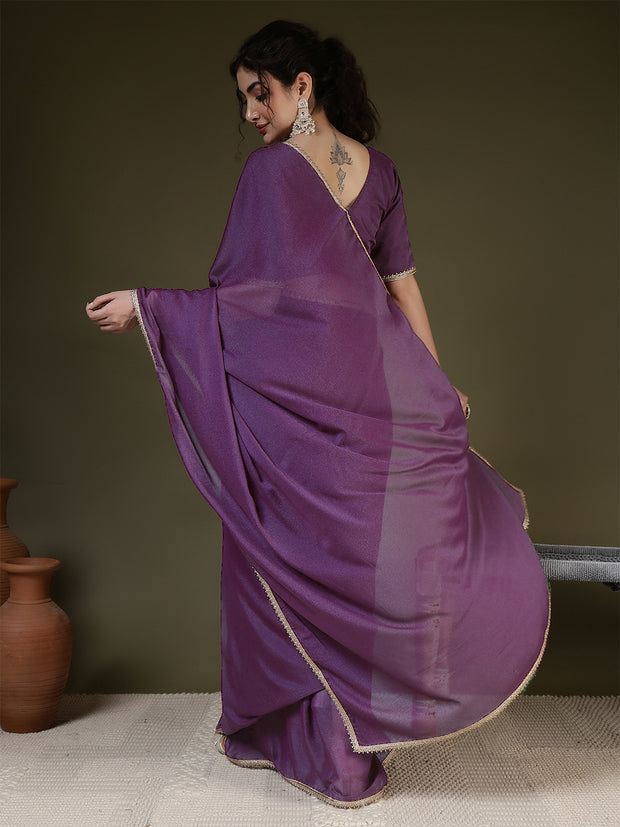 Burgundy Saree embellished with lace & Unstitched blouse