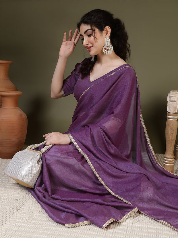 Burgundy Saree embellished with lace & Unstitched blouse