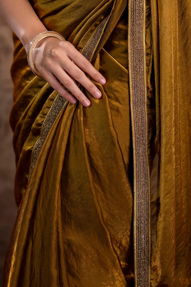 Golden Saree embellished with lace & Unstitched blouse