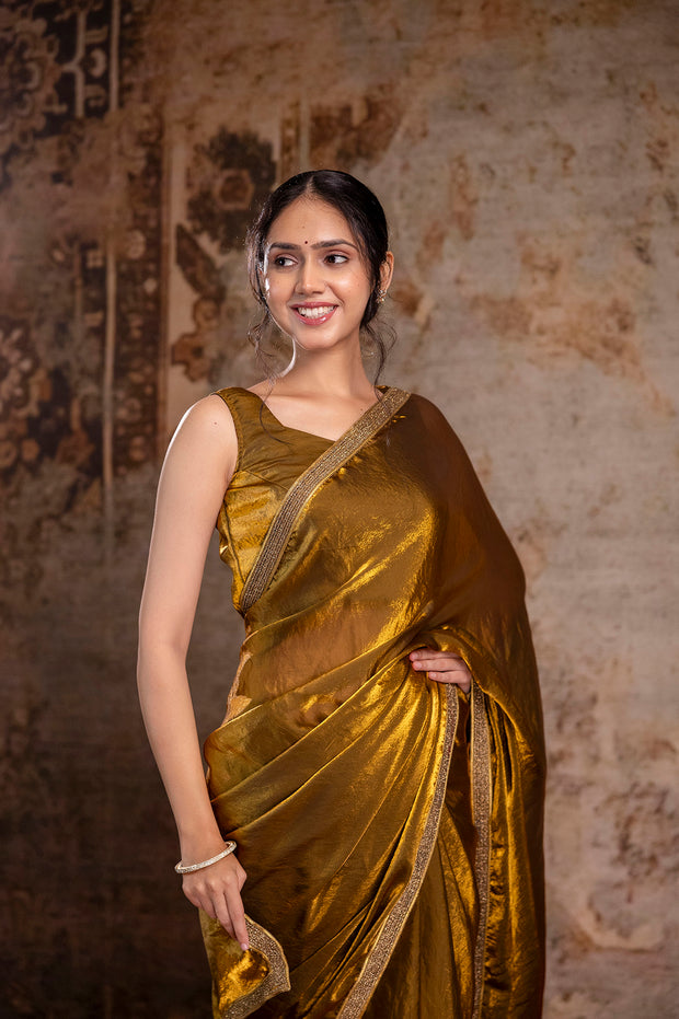 Golden Saree embellished with lace & Unstitched blouse