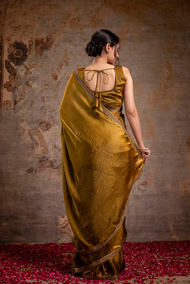 Golden Saree embellished with lace & Unstitched blouse