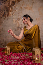 Golden Saree embellished with lace & Unstitched blouse