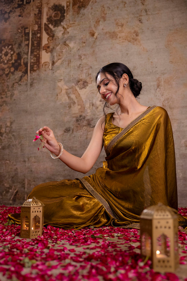 Golden Saree embellished with lace & Unstitched blouse