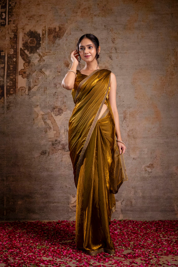 Golden Saree embellished with lace & Unstitched blouse