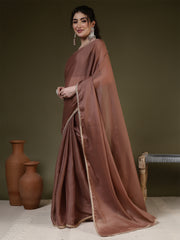 Brown Saree embellished with lace & Unstitched blouse