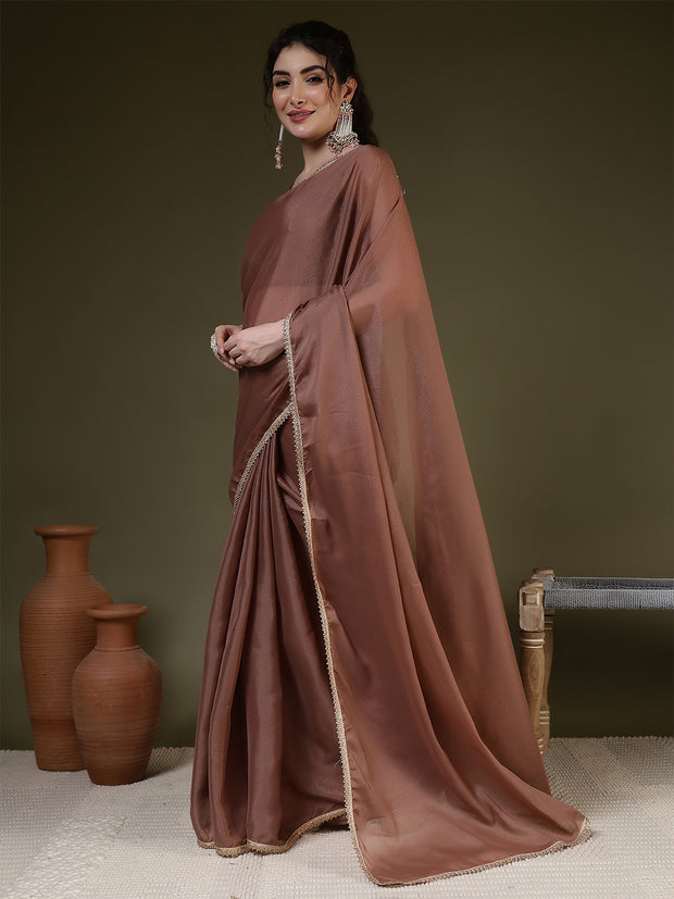 Brown Saree embellished with lace & Unstitched blouse