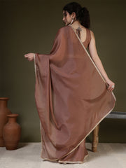 Brown Saree embellished with lace & Unstitched blouse