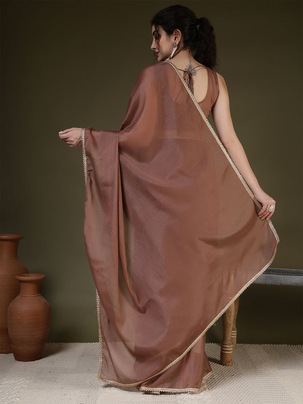 Brown Saree embellished with lace & Unstitched blouse