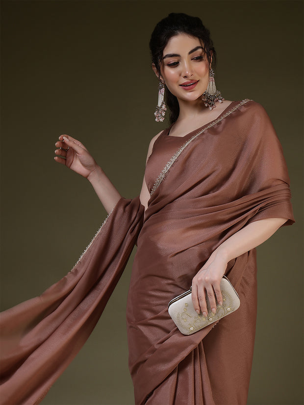 Brown Saree embellished with lace & Unstitched blouse
