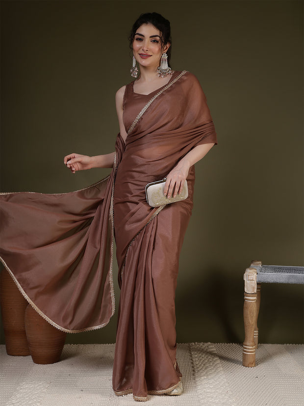 Brown Saree embellished with lace & Unstitched blouse