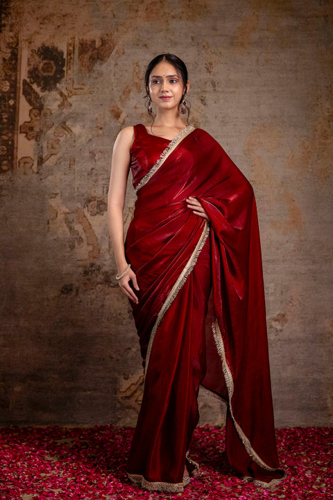 Maroon Saree embellished with lace & Unstitched blouse