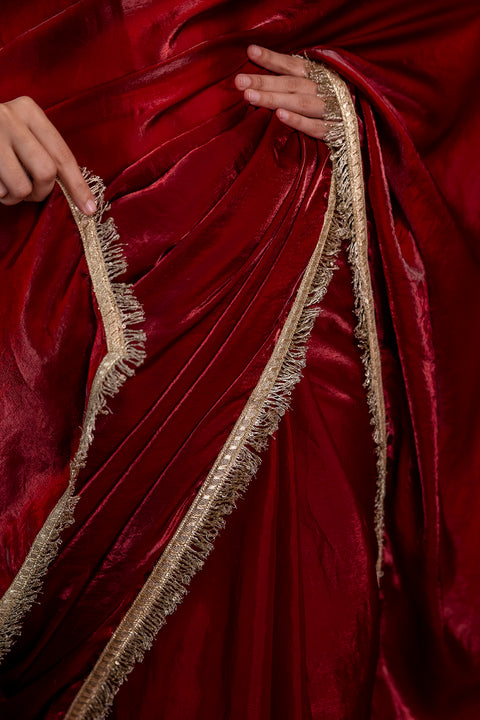 Maroon Saree embellished with lace & Unstitched blouse