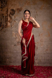 Maroon Saree embellished with lace & Unstitched blouse