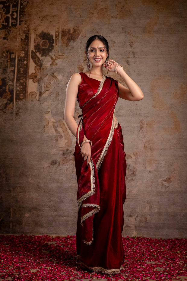 Maroon Saree embellished with lace & Unstitched blouse