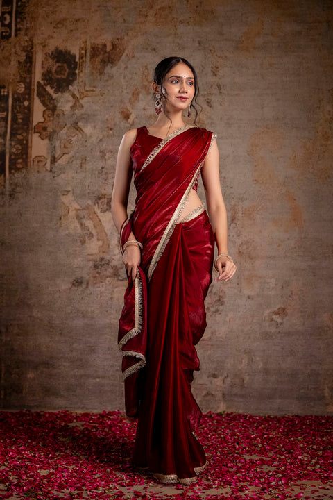 Maroon Saree embellished with lace & Unstitched blouse