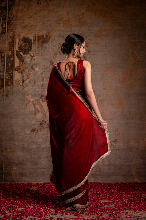 Maroon Saree embellished with lace & Unstitched blouse