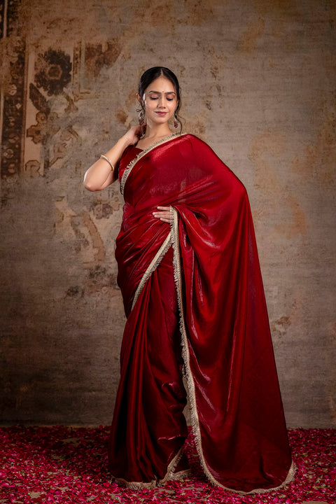 Maroon Saree embellished with lace & Unstitched blouse