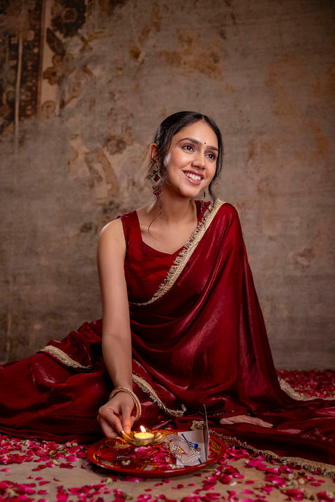 Maroon Saree embellished with lace & Unstitched blouse