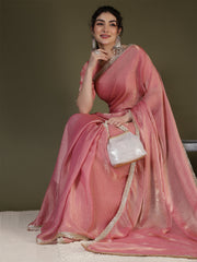 Pink Saree embellished with lace & Unstitched blouse