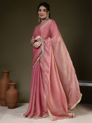Pink Saree embellished with lace & Unstitched blouse