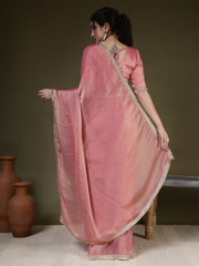 Pink Saree embellished with lace & Unstitched blouse