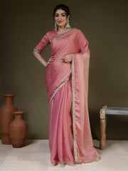 Pink Saree embellished with lace & Unstitched blouse