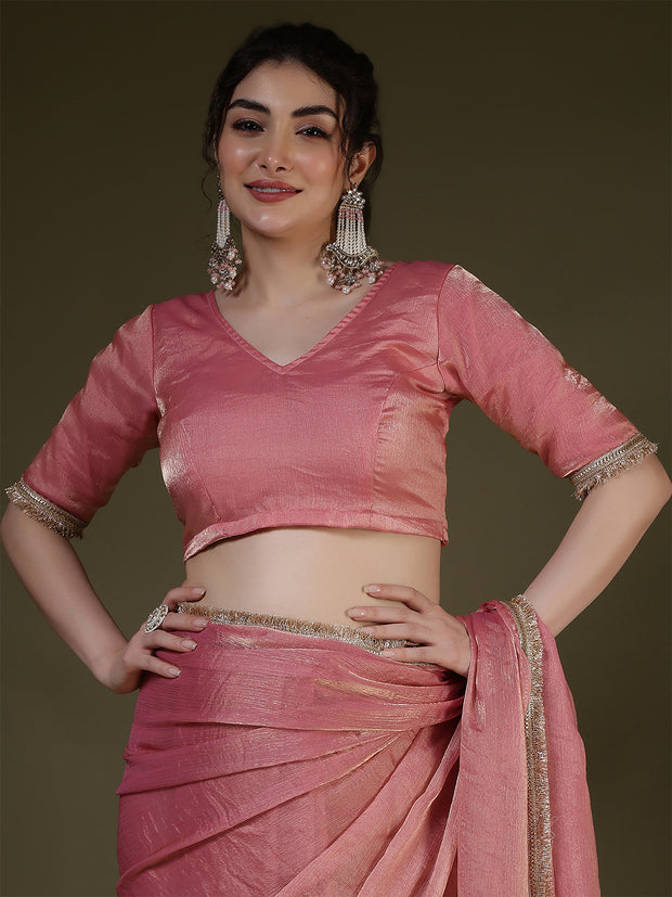 Pink Saree embellished with lace & Unstitched blouse