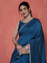 Teal Blue Saree embellished with lace & Unstitched blouse