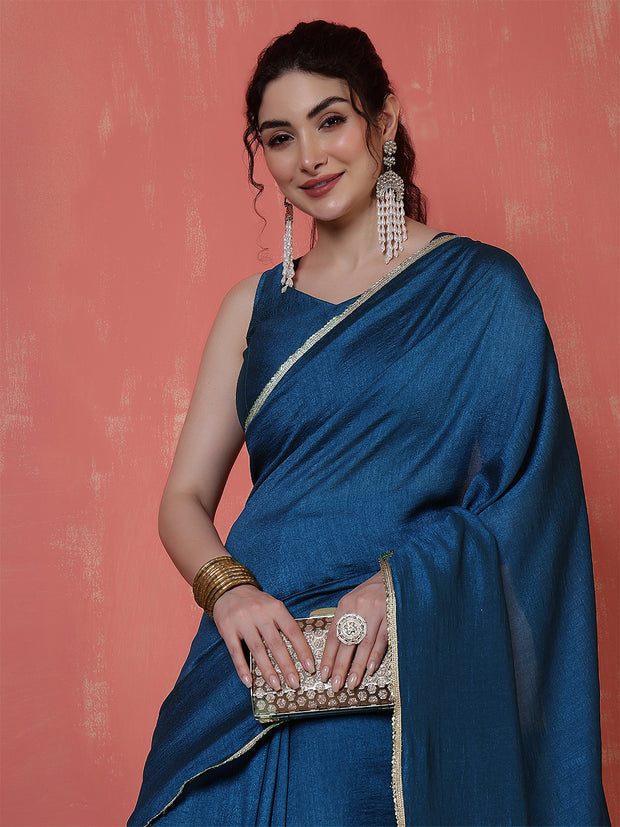 Teal Blue Saree embellished with lace & Unstitched blouse