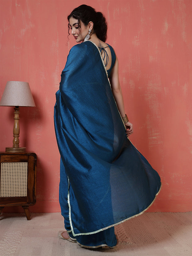 Teal Blue Saree embellished with lace & Unstitched blouse