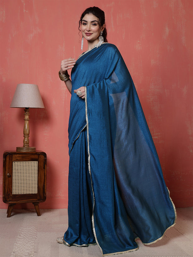 Teal Blue Saree embellished with lace & Unstitched blouse