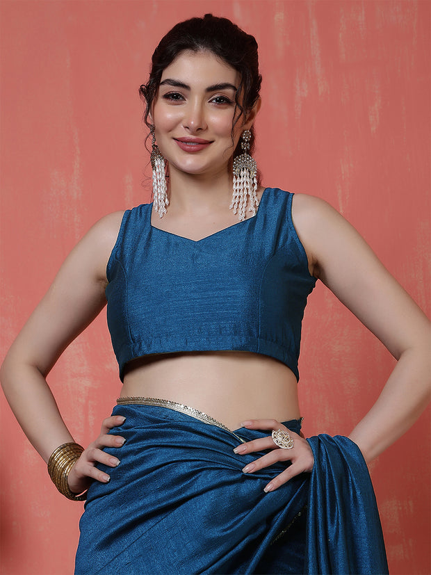 Teal Blue Saree embellished with lace & Unstitched blouse