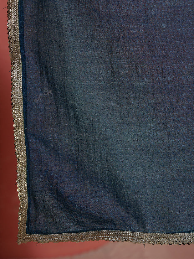 Teal Blue Saree embellished with lace & Unstitched blouse