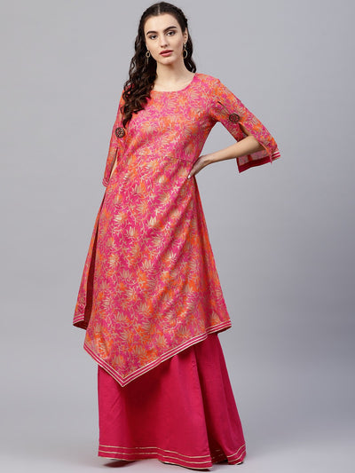 Floral printed round neck 3/4th sleeve with a slit assymetric kurta with solid A-line skirt with gota detailing