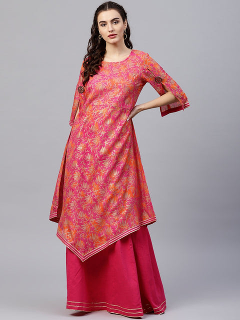 Floral printed round neck 3/4th sleeve with a slit assymetric kurta with solid A-line skirt with gota detailing