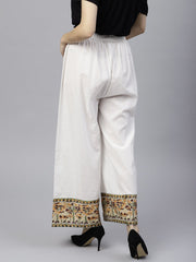 White ankle length cotton regular fit palazzo with border printed