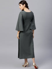 Solid Grey 3/4th sleeve maxi dress with block printed at yoke