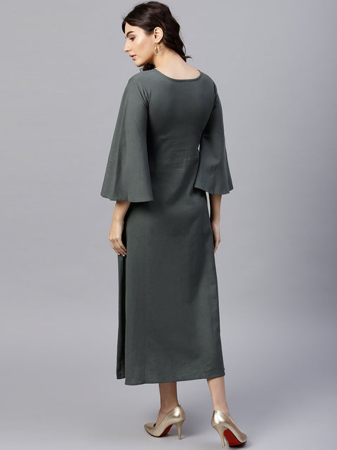 Solid Grey 3/4th sleeve maxi dress with block printed at yoke