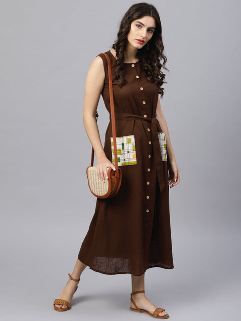 Round Neck brown Maxi Dress with front placket and Belt