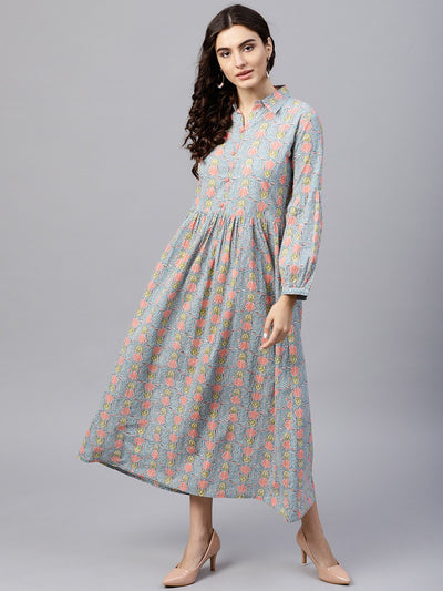 Powder blue printed Maxi Dress with Shirt collar and full sleeves
