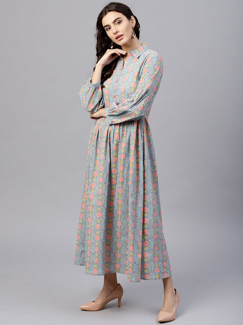 Powder blue printed Maxi Dress with Shirt collar and full sleeves