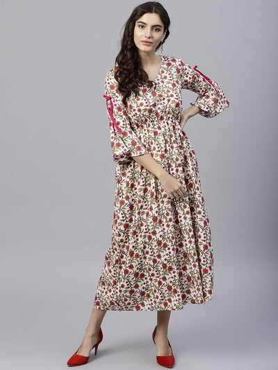 White cotton Floral printed A-Line maxi dress with V-neck and flared Sleeves