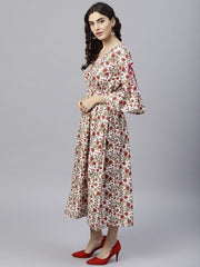White cotton Floral printed A-Line maxi dress with V-neck and flared Sleeves