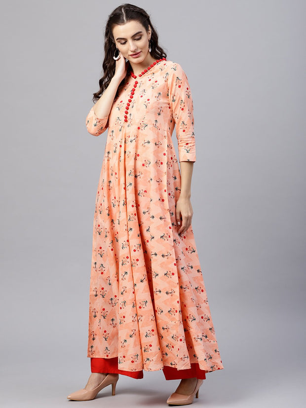 Floral multi Printed A-Line Maxi Kurta with V-neck and 3/4 sleeves