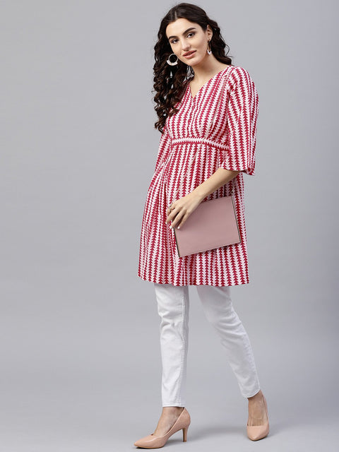 Pink and White Printed  A-line top wth 3/4 sleeves