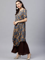 Blue printed A-line kurta with round neck and half sleeves